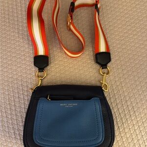 Marc Jacobs Navy and Sky Blue Crossbody Bag with Bold Striped Strap